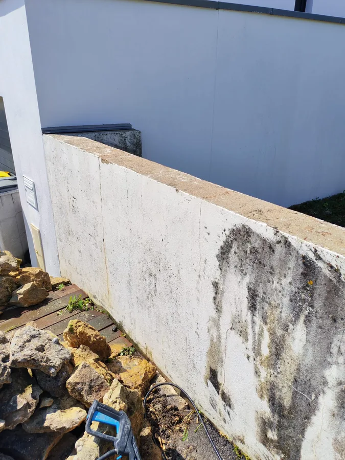 Le même mur de clôture vu de l'autre extrémité avant nettoyage — chantier coordonné