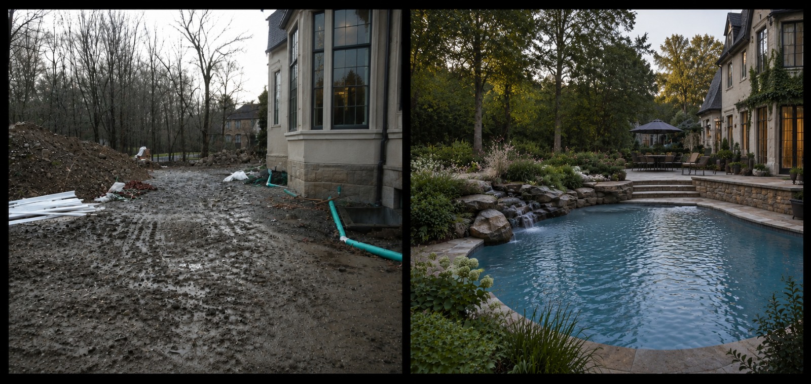 Aménagement extérieur avec terrasse et piscine — avant et après coordination des travaux